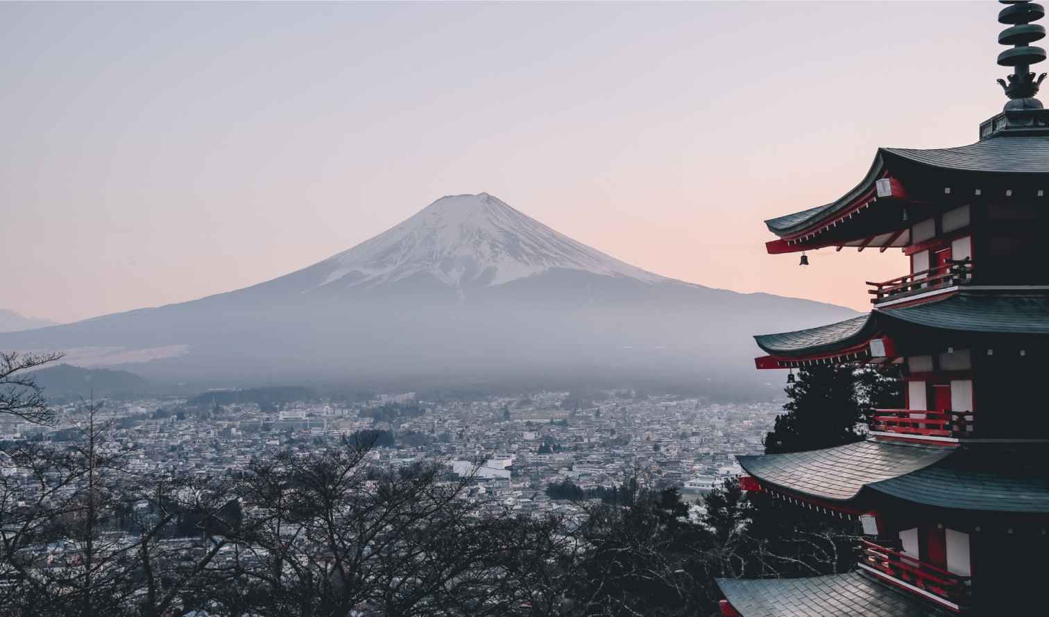 Mount Fuji with Chureito Pagoda in the foreground in Kawaguchi-ko