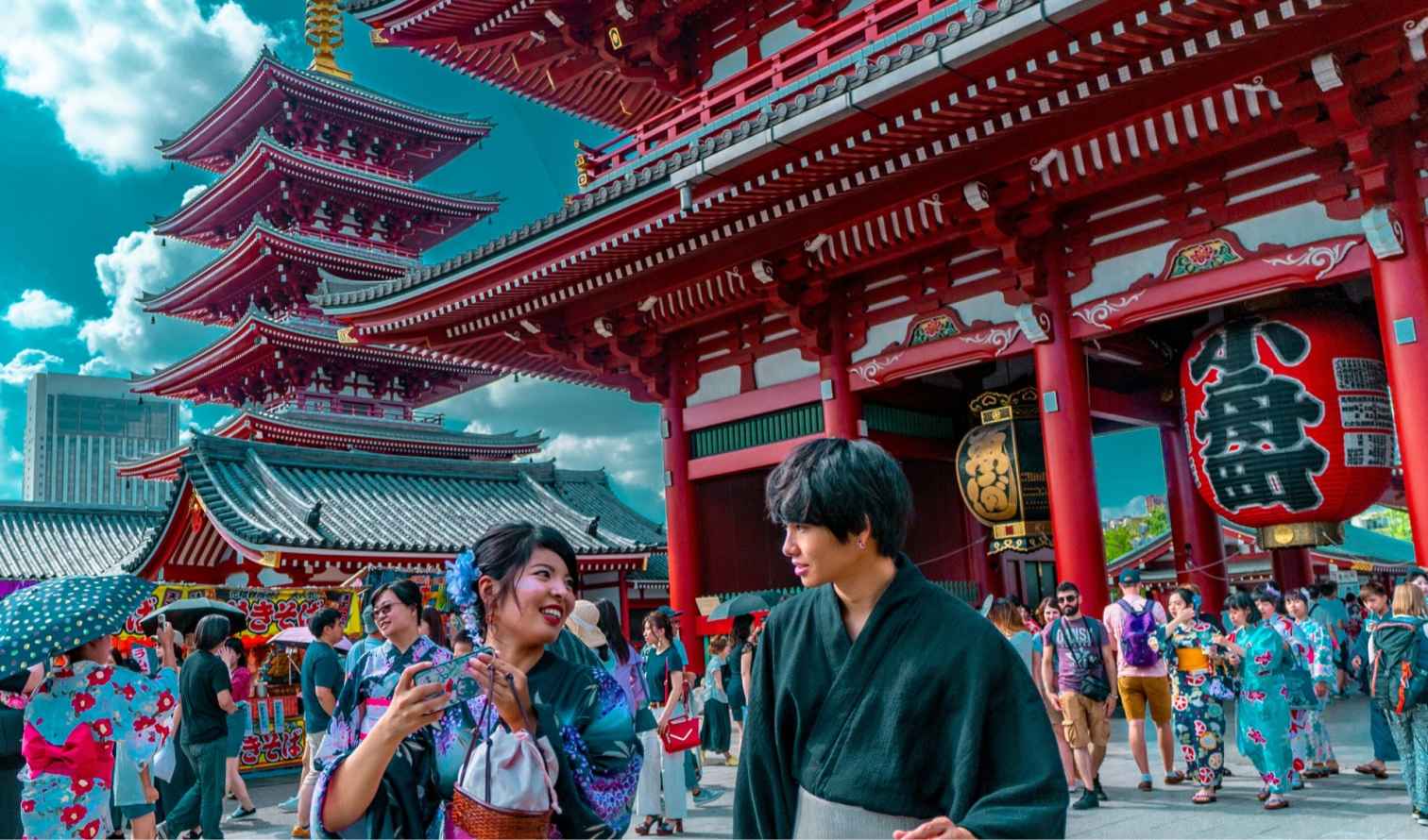 People walking near the Senso-ji Temple in Tokyo, Japan.