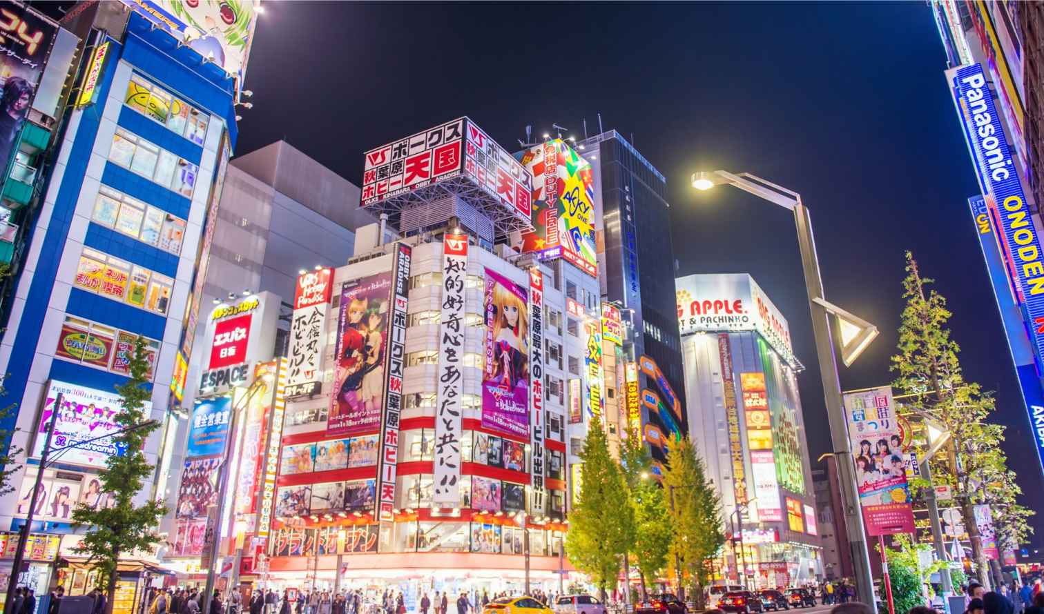 Night view of Akihabara district with colorful electronic store signs in Tokyo, Japan.