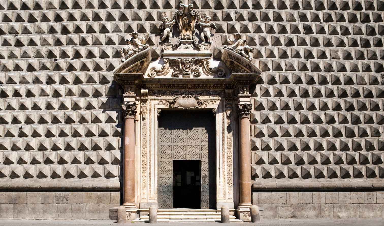Detailed facade of the Church of Gesù Nuovo in Naples, Italy.