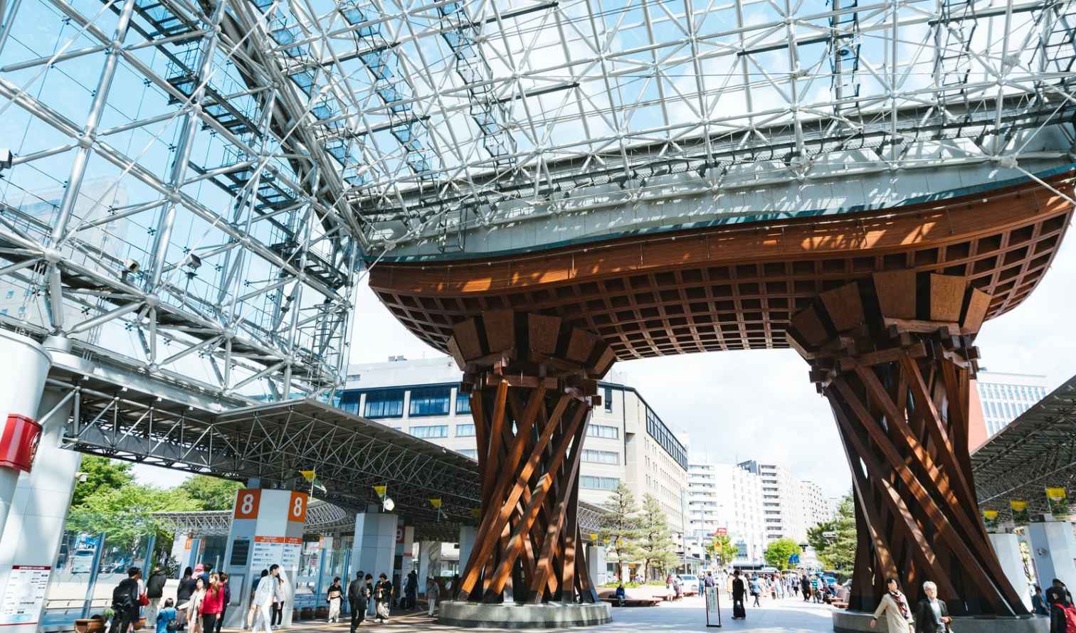 Glass and steel structure of Kanazawa Station, Japan.