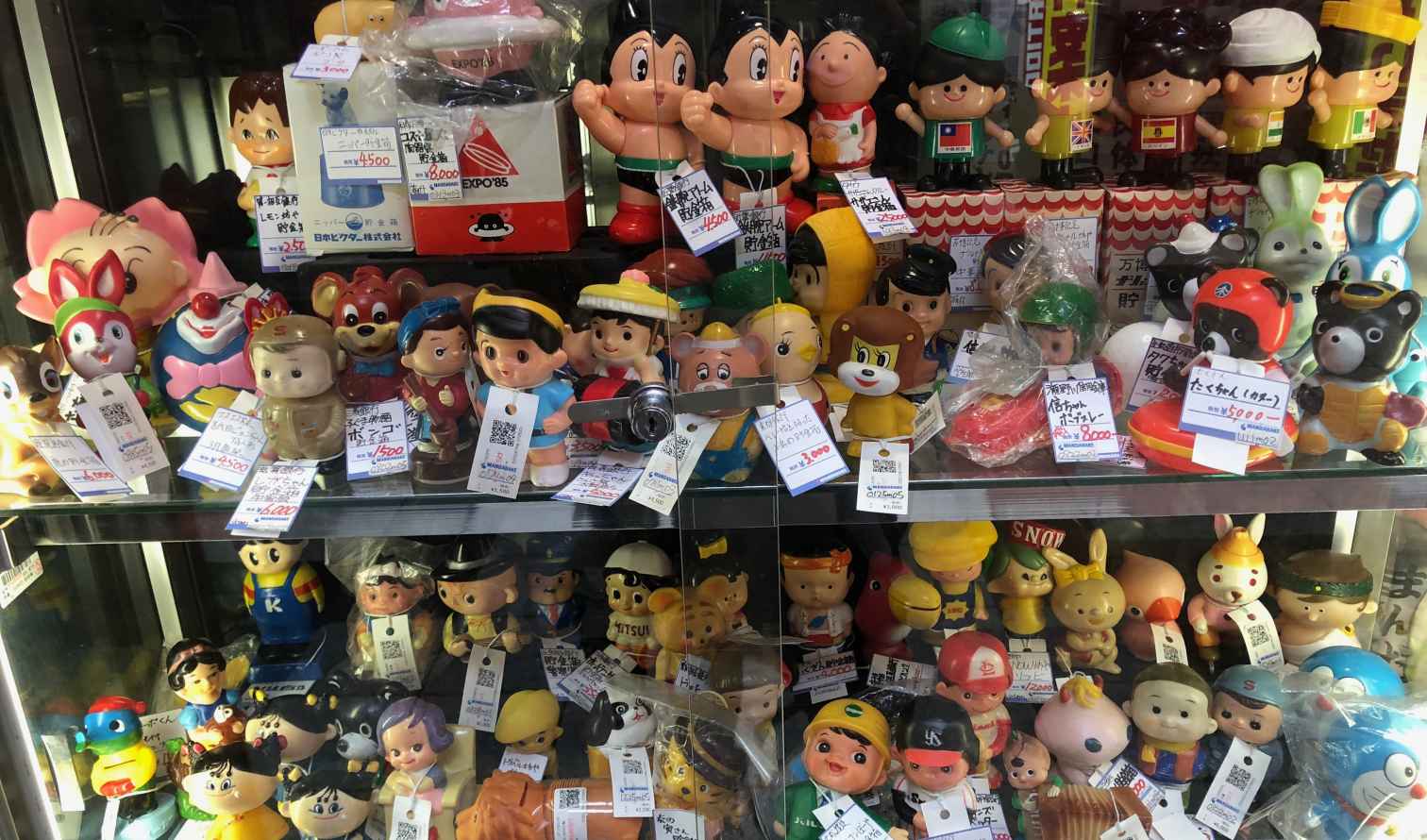 Display case of vintage toys in a Japanese shop in Osaka.