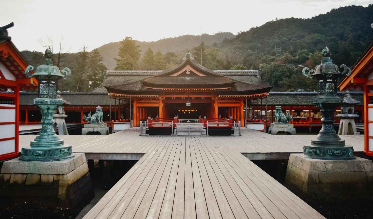 View of Itsukushima Shrine's red-painted main hall in Hiroshima