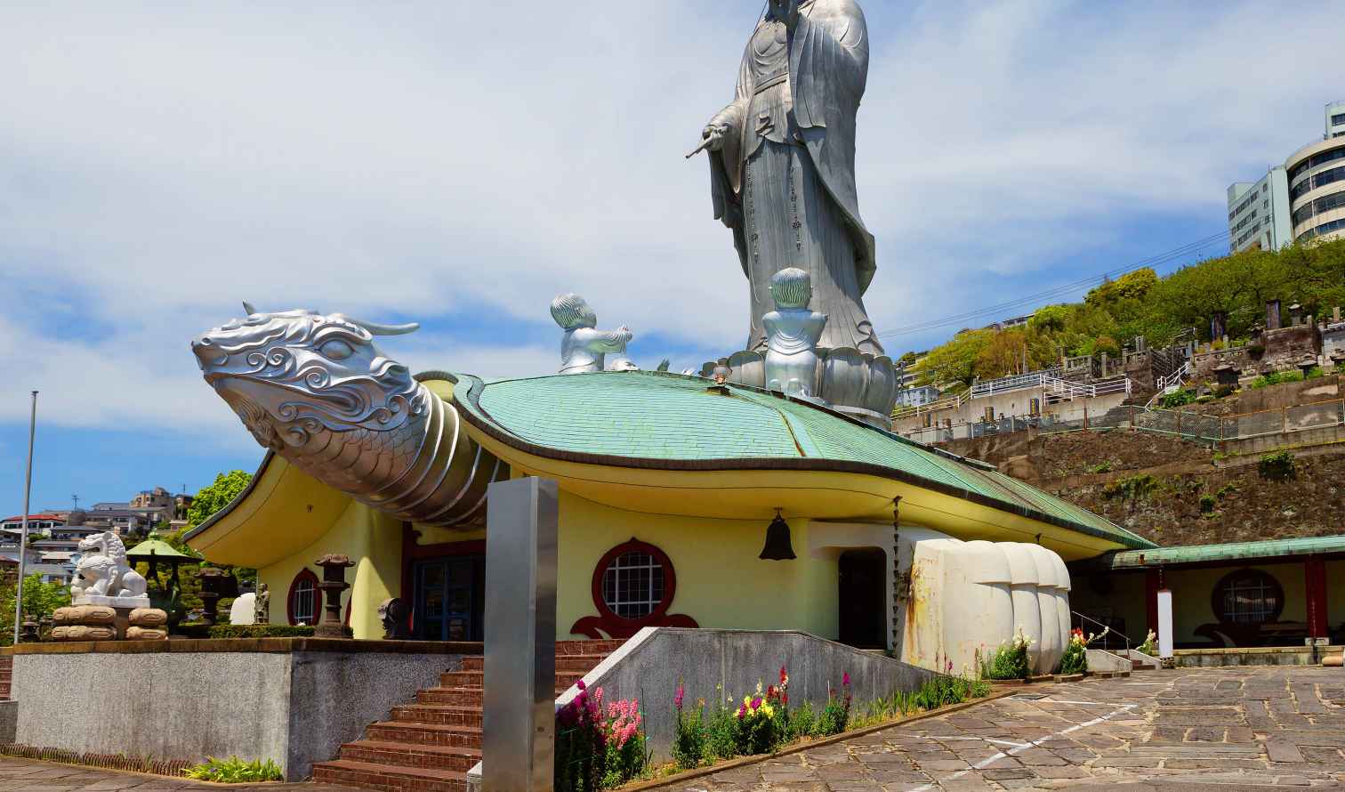 Large statue of Kannon atop Shōfuku-ji Temple in Nagasaki, Japan.