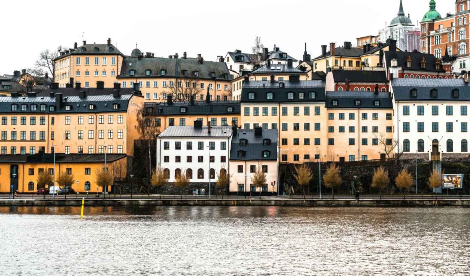 View of buildings along Sodermalm waterfront, Stockholm.