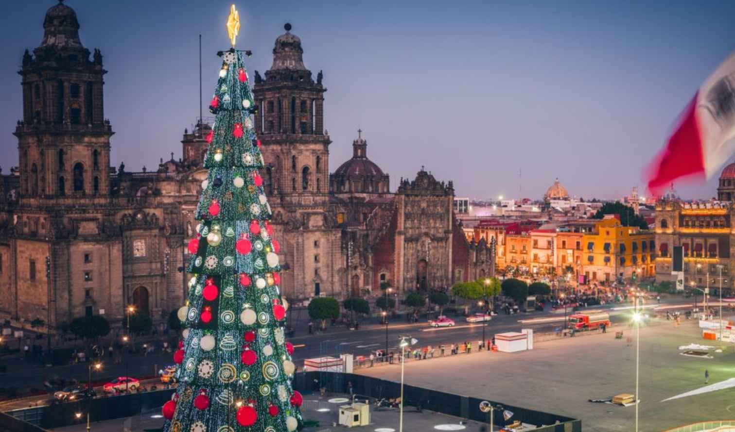 Christmas tree in front of Mexico City Metropolitan Cathedral and Mexican flag.