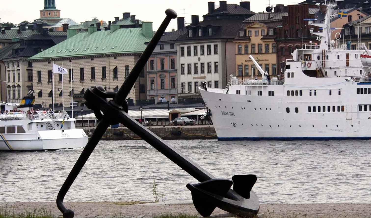 View of ships and waterfront buildings from Skeppsholmen, Stockholm.
