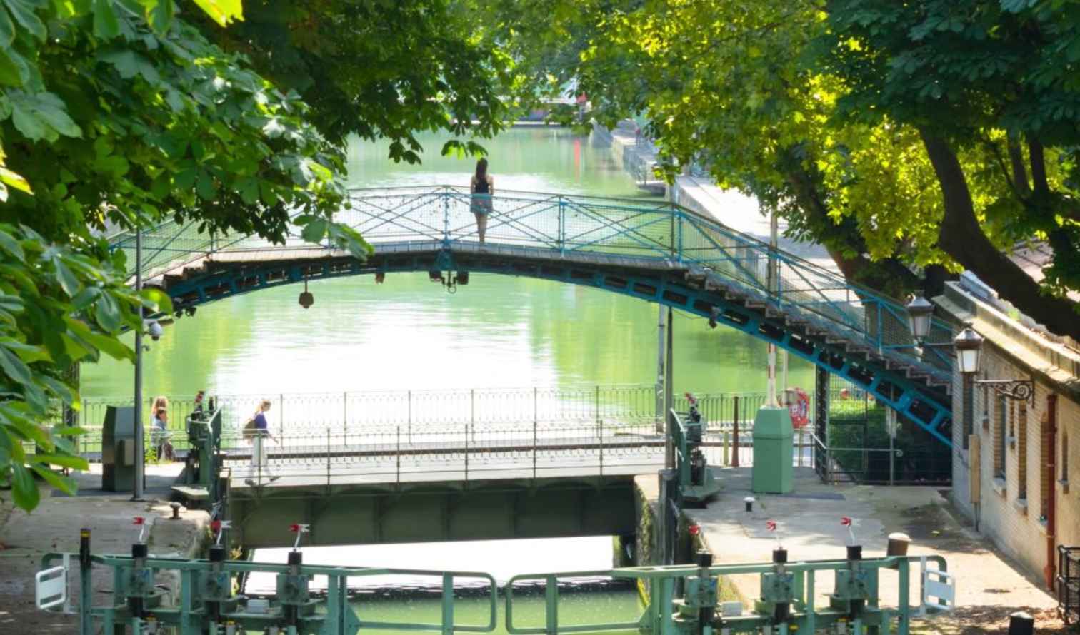 Pedestrian crossing over a bridge at Canal Saint-Martin in Paris.