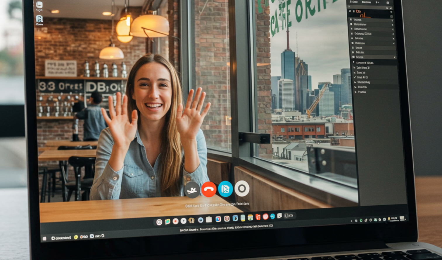 Laptop screen showing a video chat with a woman waving in Toronto