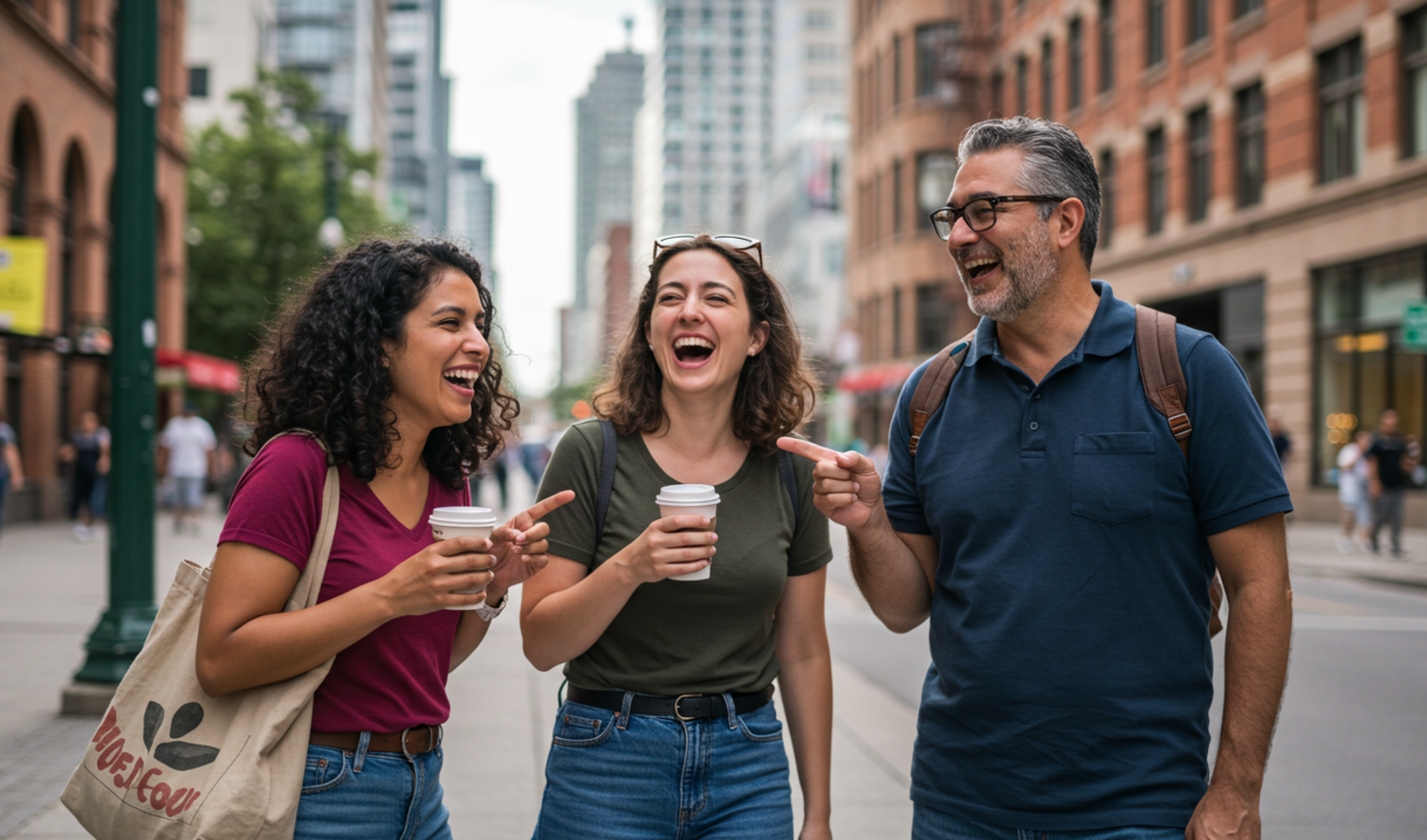 Three people with coffee cups walking on a city street  in Toronto