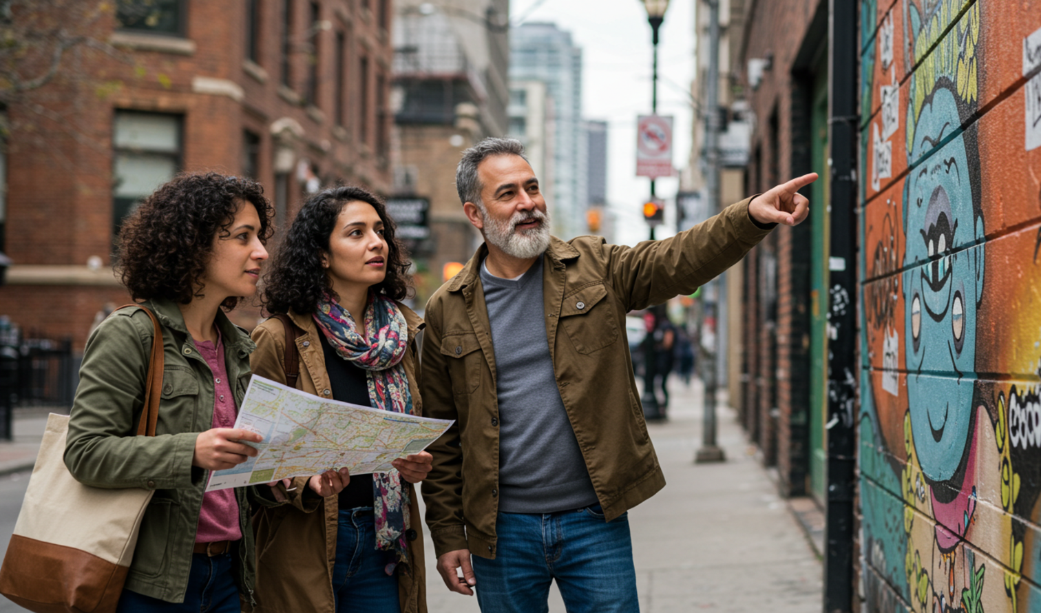 People examining a map near colorful wall graffiti in an urban alley in Toronto