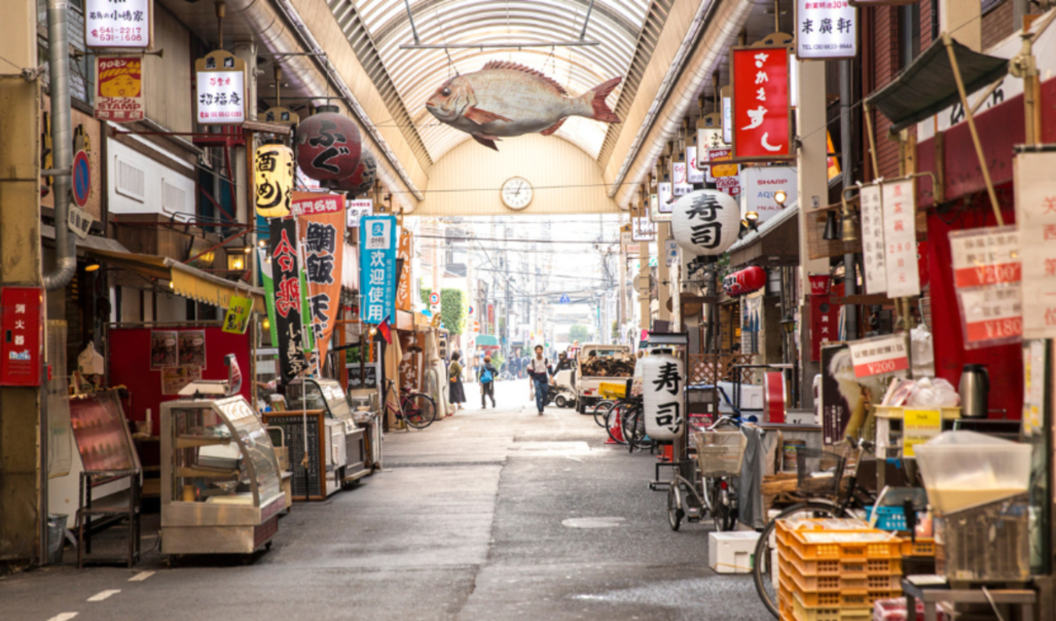 Shoten-gai shopping street with various traditional Japanese signs and decorations in Osaka