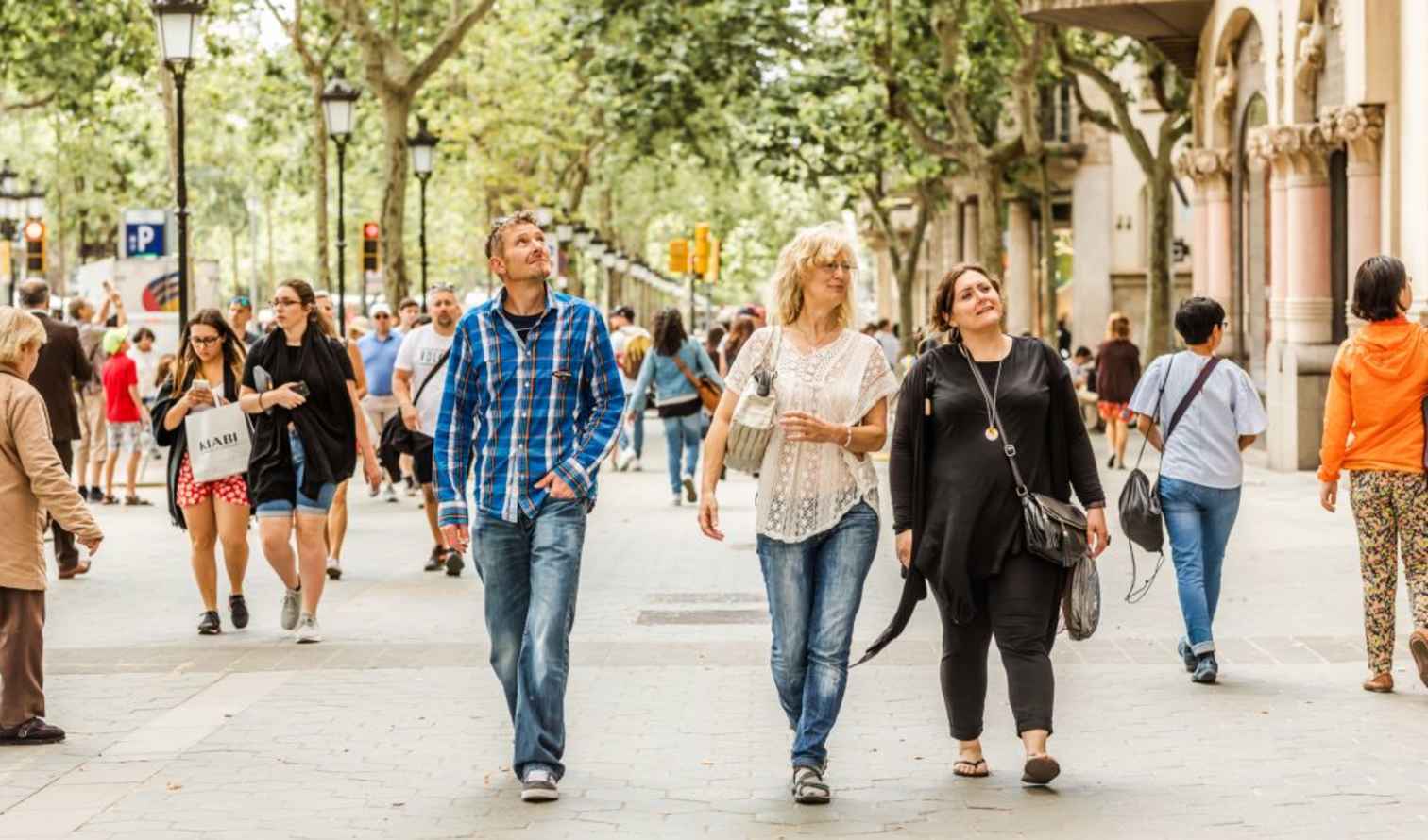 People walking on La Rambla in Barcelona.