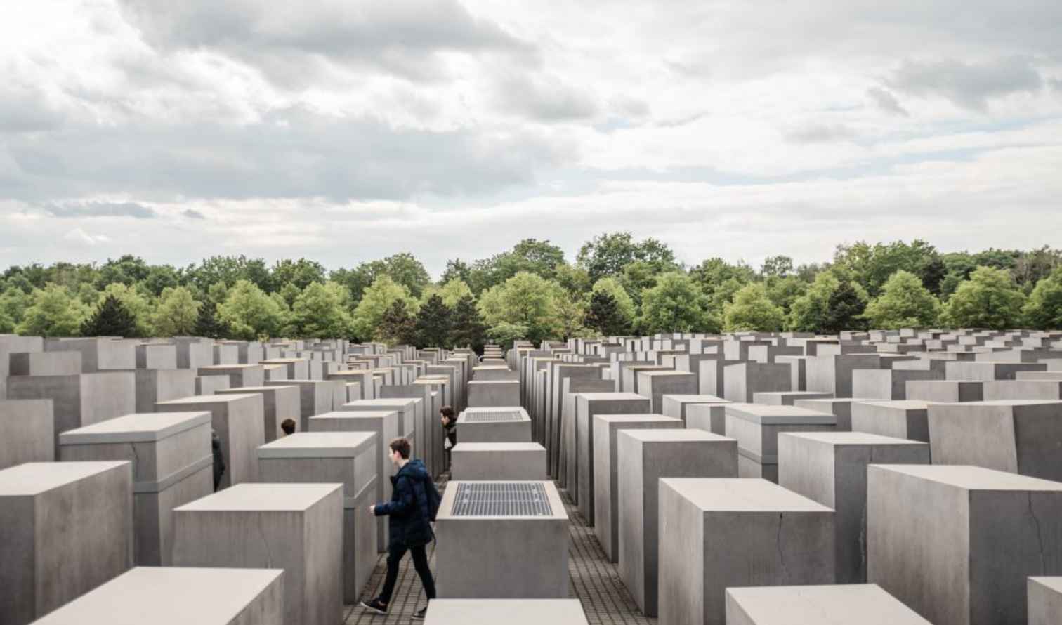 View of the Holocaust Memorial's grid of concrete blocks in Berlin.