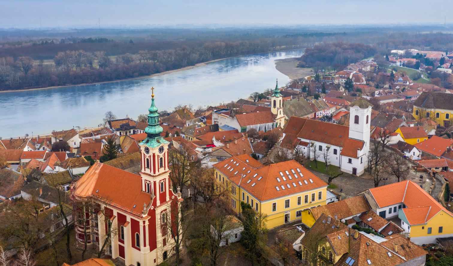 Aerial view of Szentendre, Hungary, with St. John the Baptist Church visible in Budapest