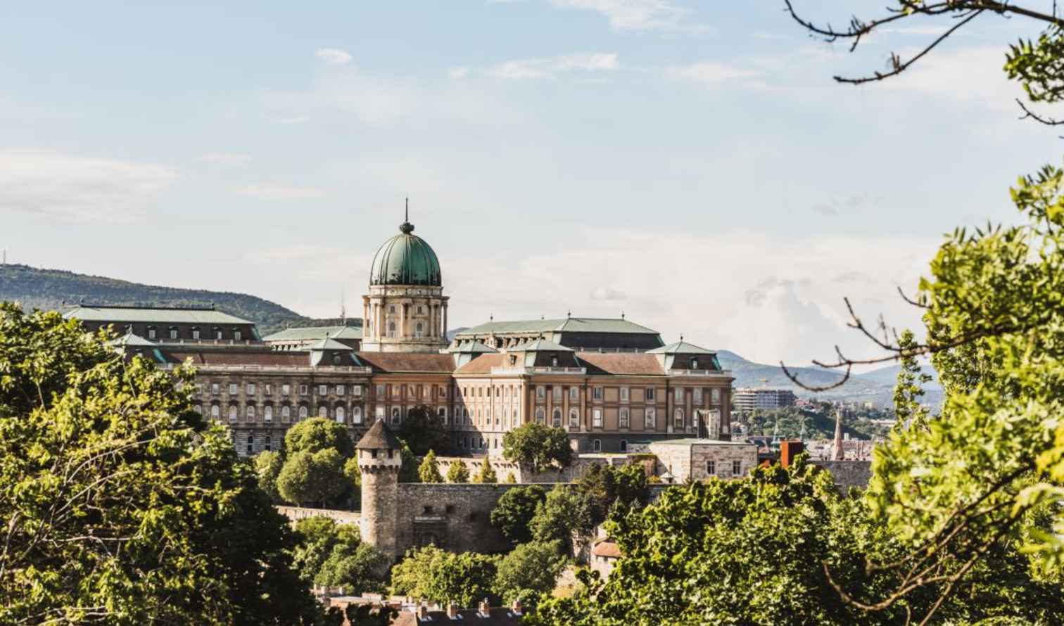 View of Buda Castle in Budapest surrounded by trees.