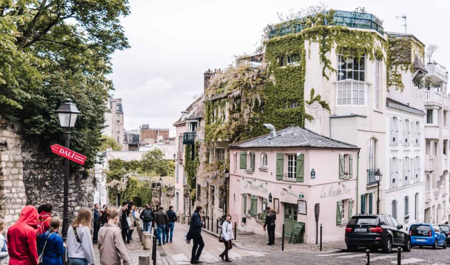 Street view of La Maison Rose cafe on a corner in Montmartre, Paris.