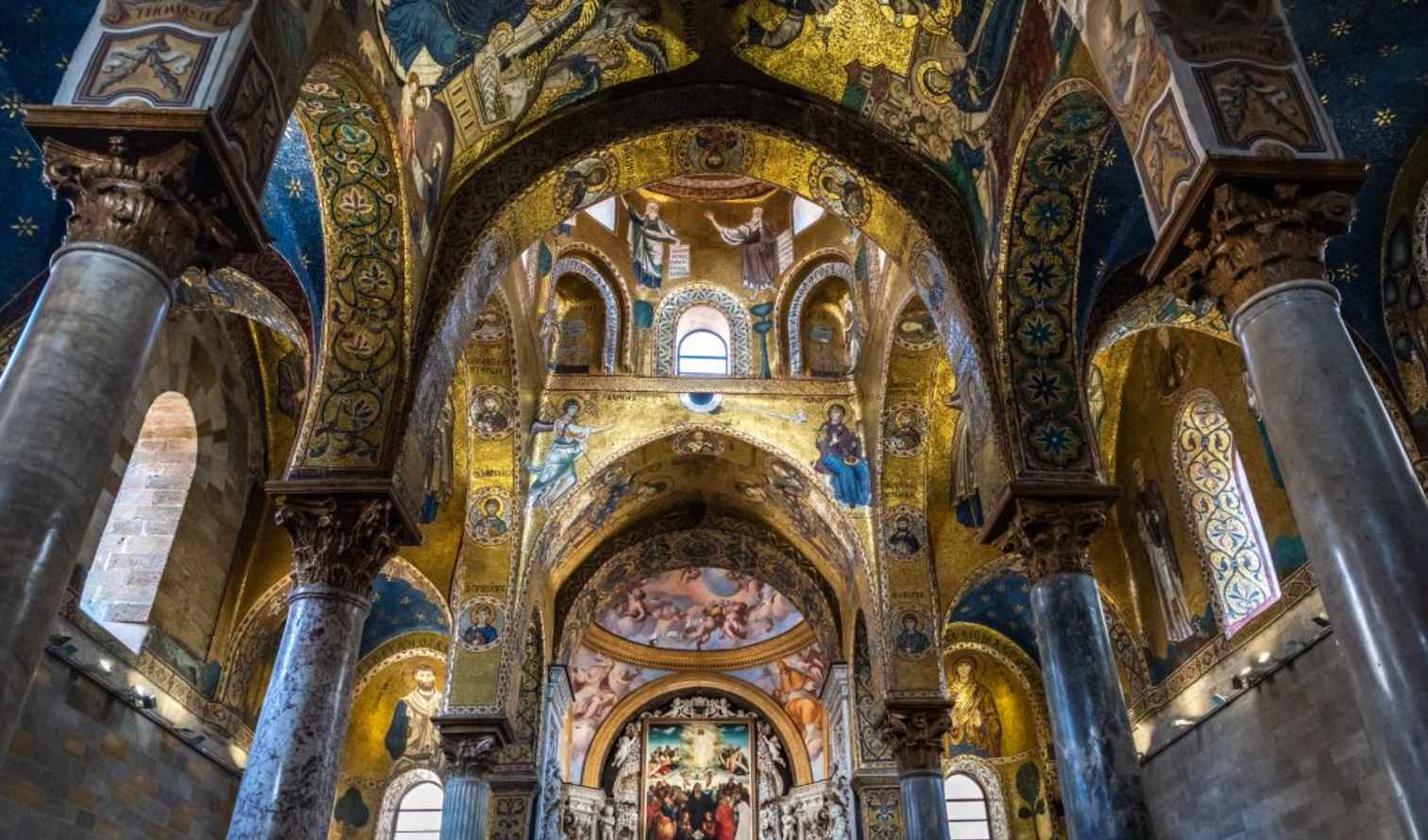 Mosaic ceilings inside the Palatine Chapel in Palermo, Sicily.