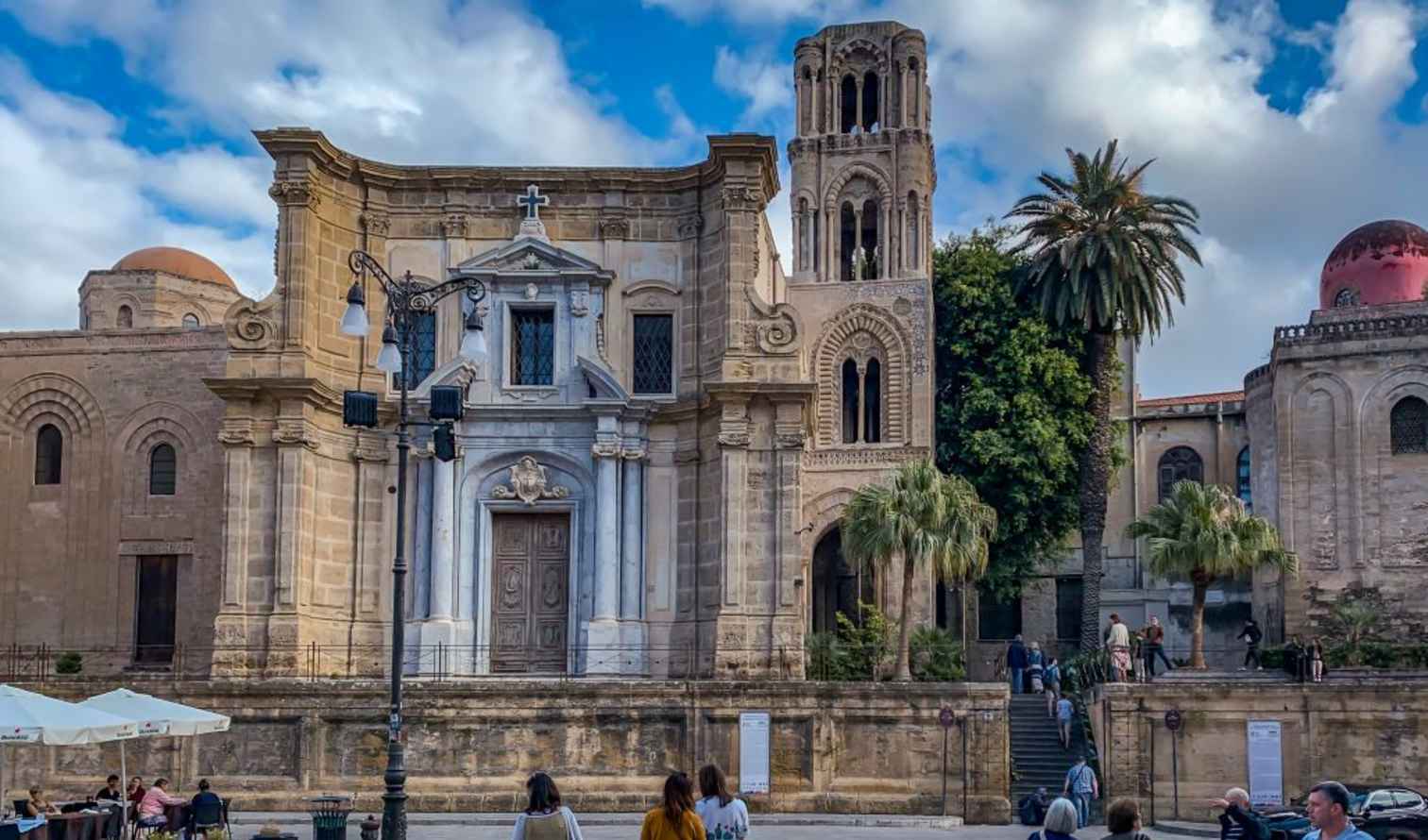 San Cataldo and La Martorana churches in Palermo, Italy, seen from the square.