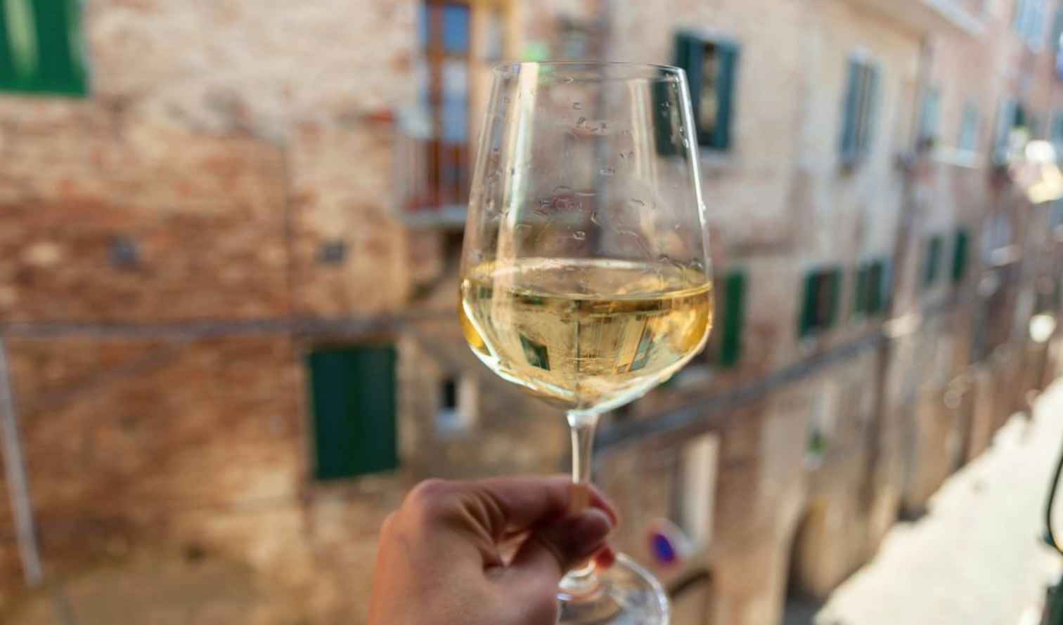 Wine glass in focus with old brick buildings in Sienna