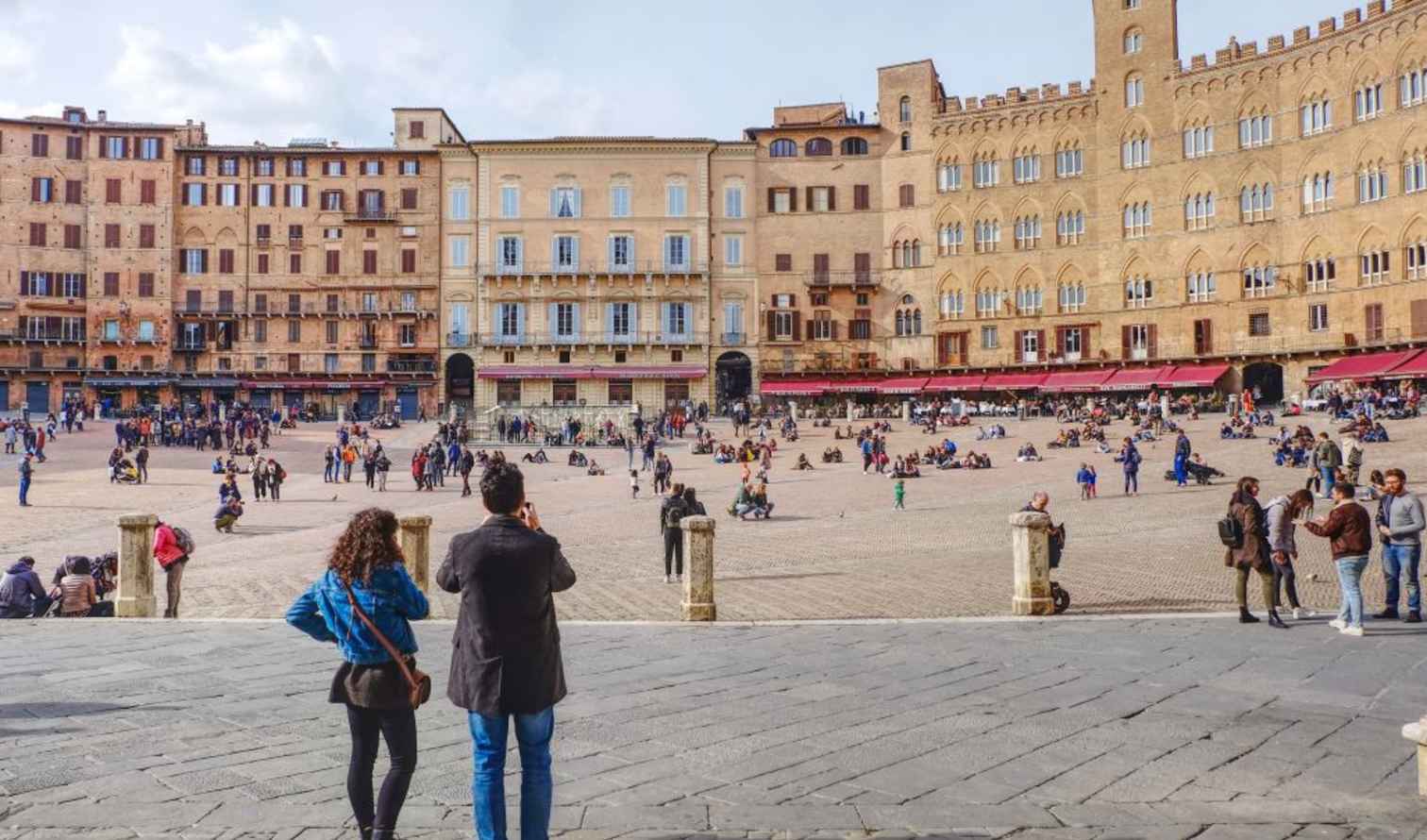 View of historic buildings around Siena's Piazza del Campo.