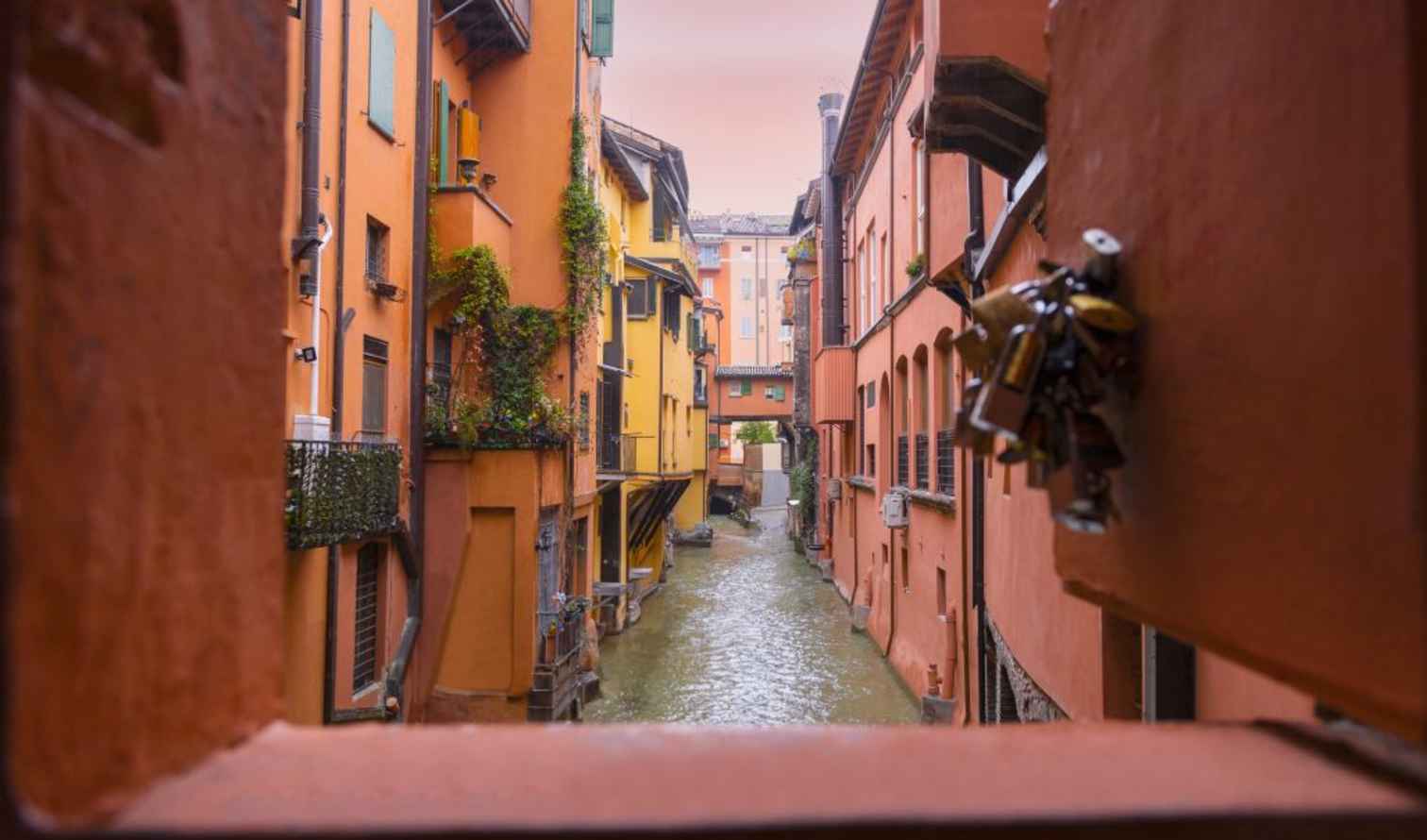 View of the hidden canal from Via Piella in Bologna, Italy.