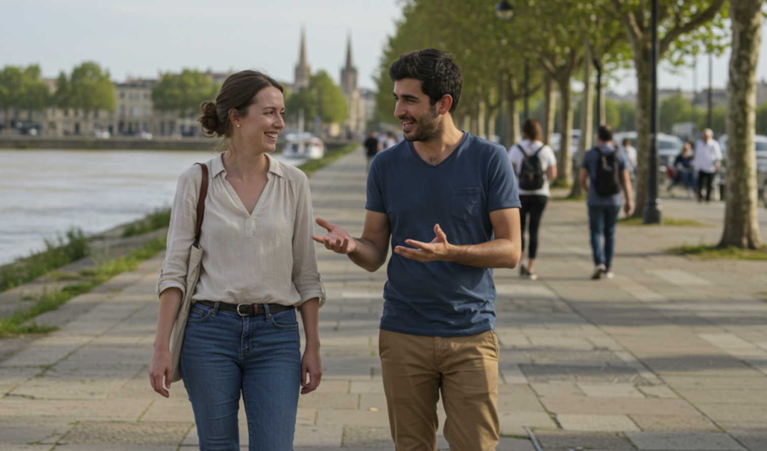 Two people walking along the Garonne River in Bordeaux, France.