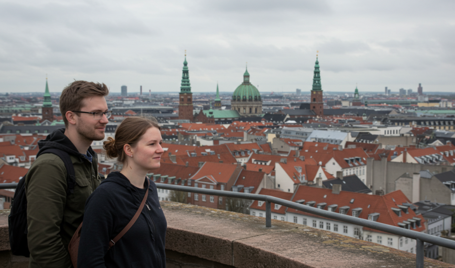 Two people overlooking Copenhagen with Frederiks Kirke in the background.