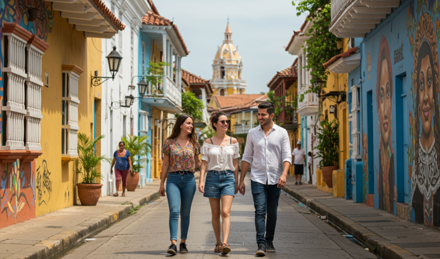 Three people walk in Getsemani, Cartagena with colorful street art.