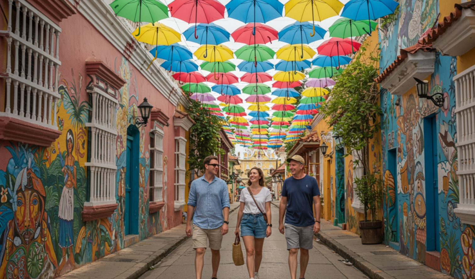 Three people walk under colorful umbrellas on Callejón Angosto in Cartagena, Colombia.