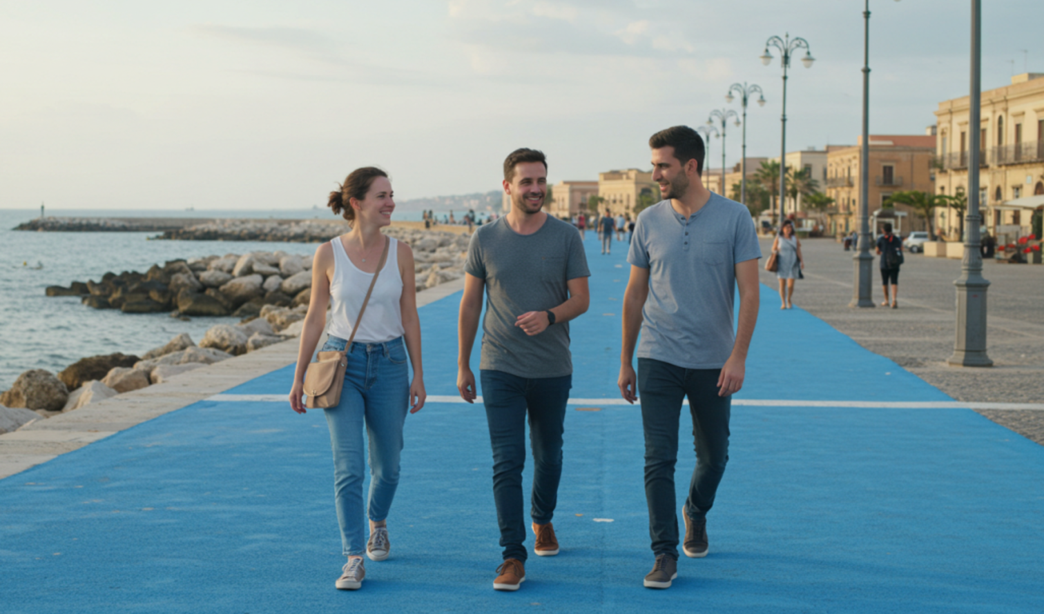 Three people walking on a blue promenade in Palermo