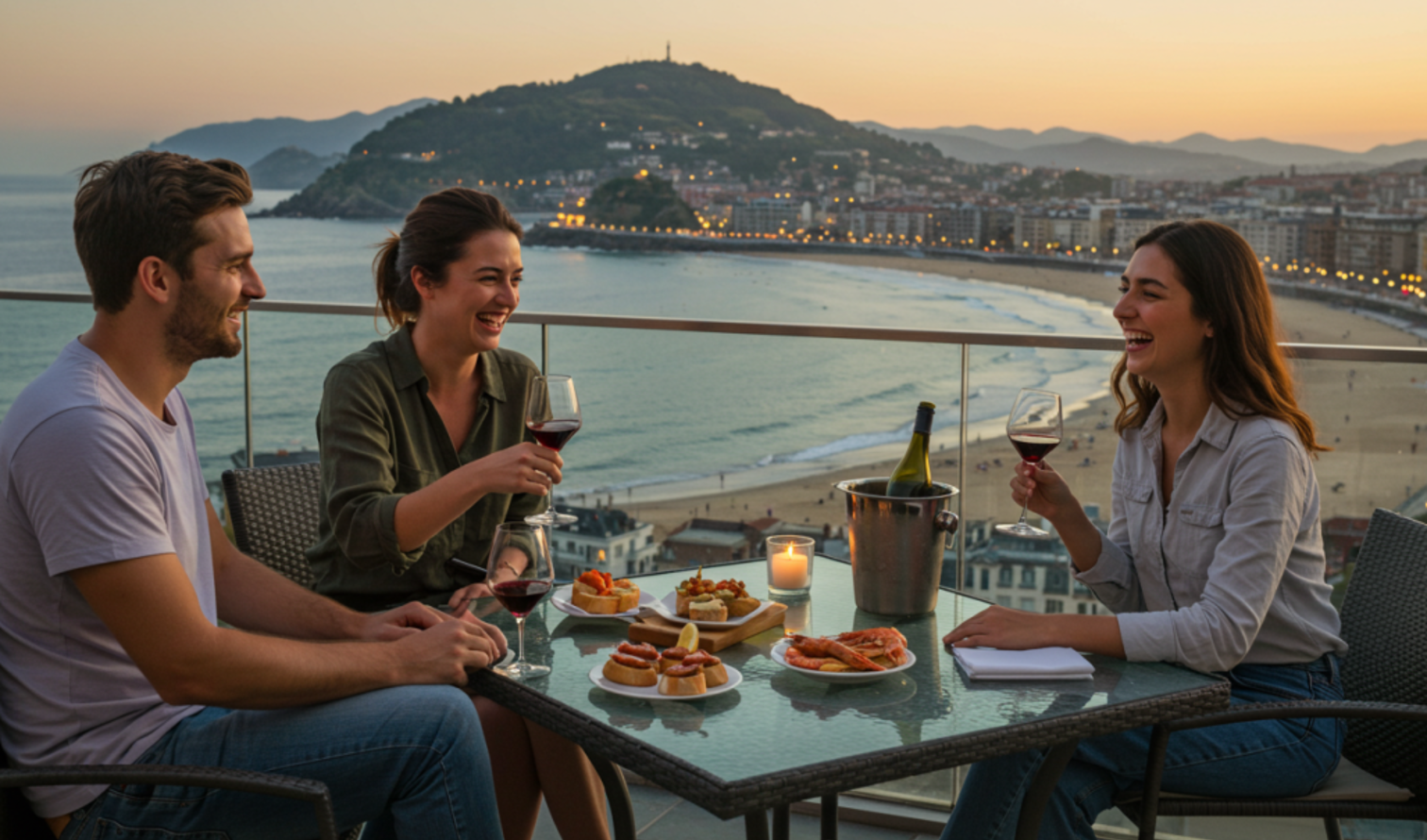Three people dining on a balcony overlooking La Concha Bay in San Sebastián.