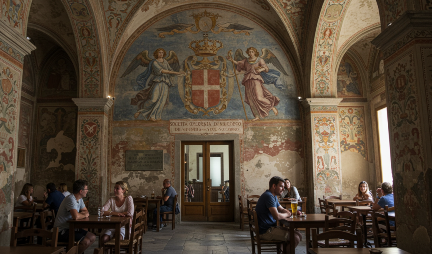 People seated inside the historic Oratorio di San Giovanni in Sorrento
