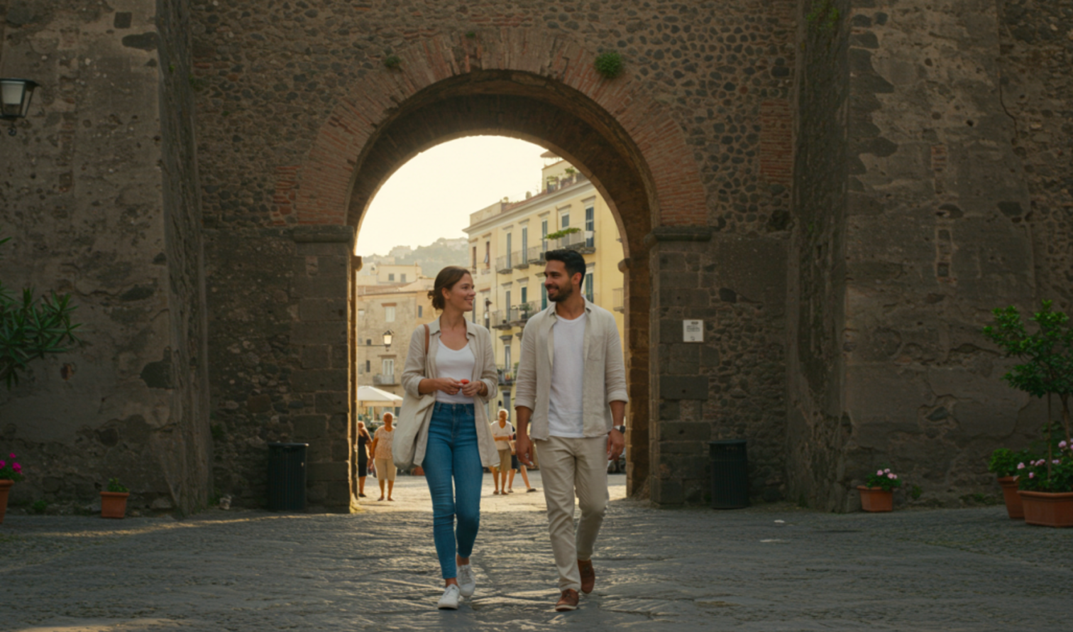 Two people walking on a cobblestone street near ancient stone walls in Sorrento