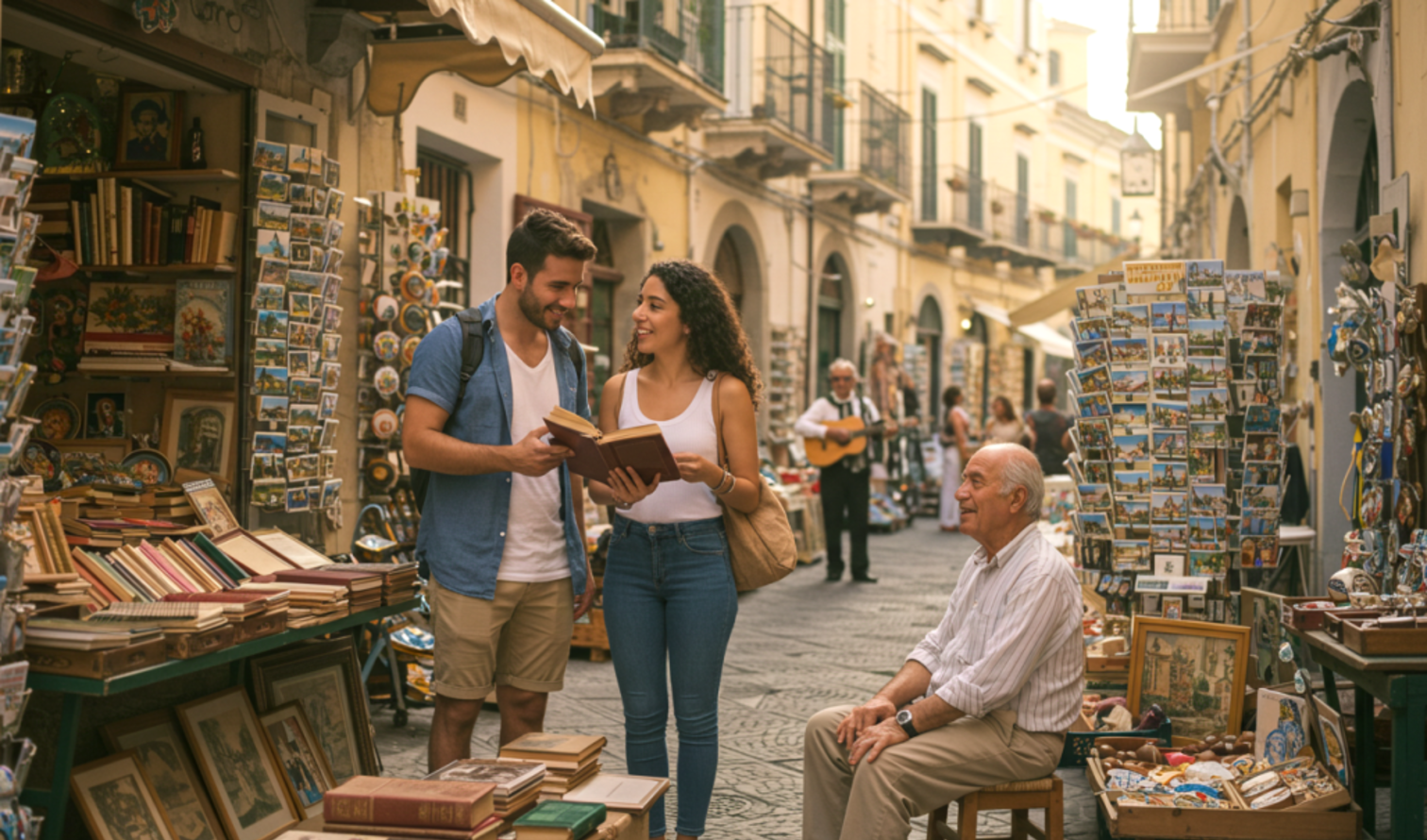 Man and woman exploring an outdoor market  in Sorrento