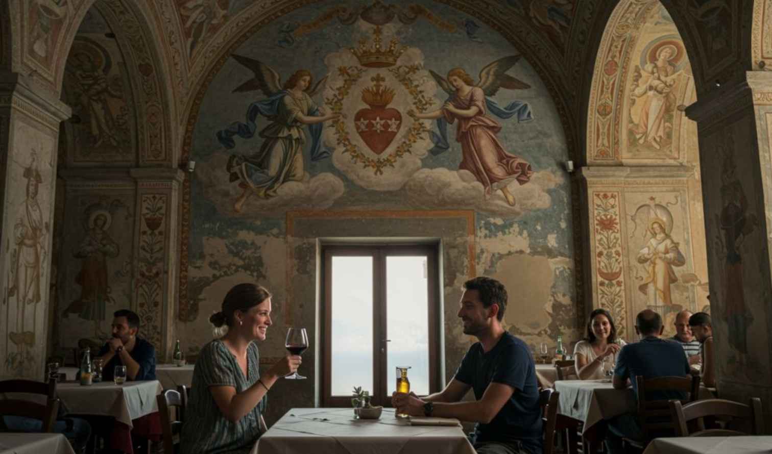 People dining in a frescoed room with medieval-style art on the walls in Sorrento