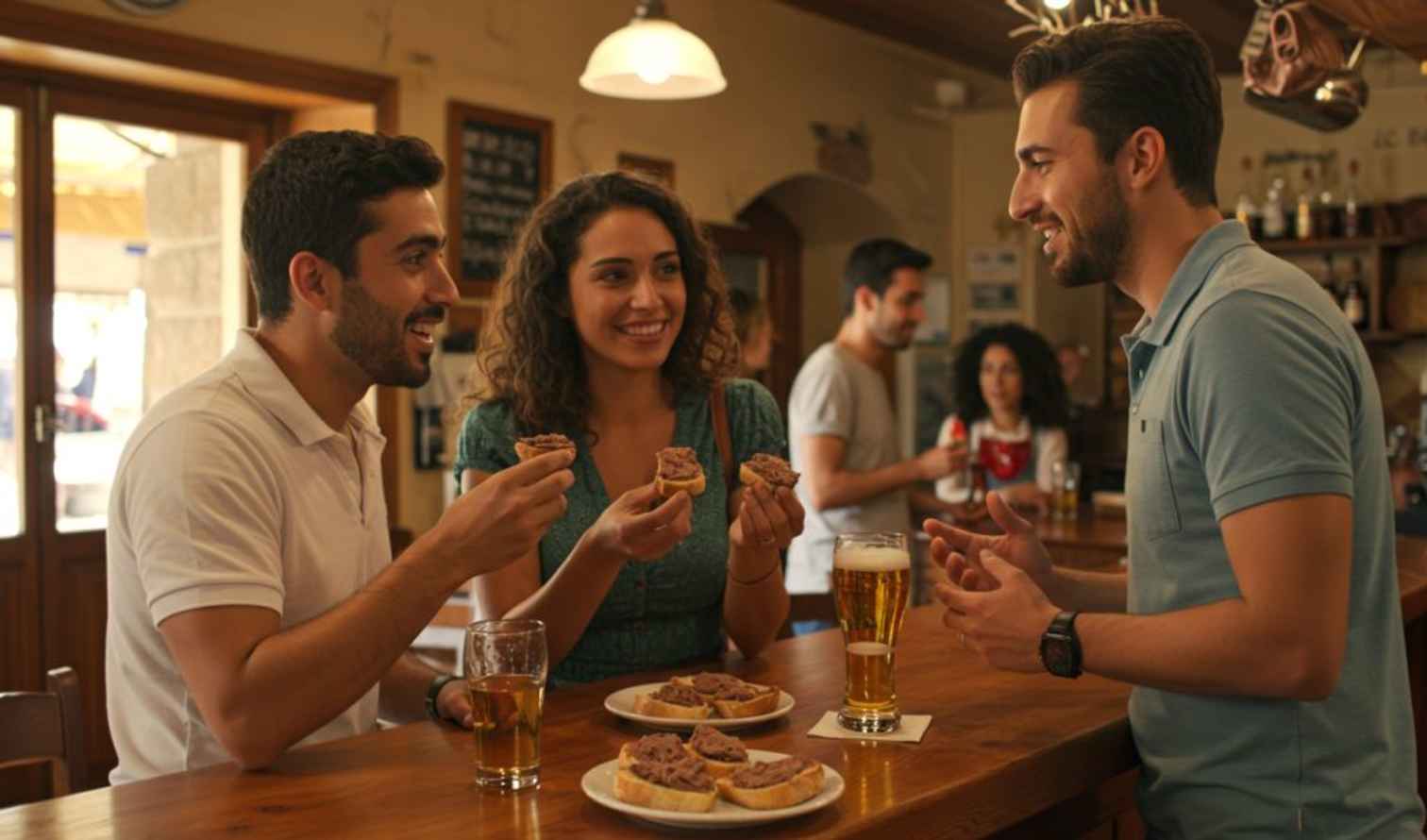 tableware,drinkware,table,alcoholic drink,smile,happiness,beer,beard,barware,facial hair,sharing,alcohol,restaurant,customer,conversation,drinking,liquor