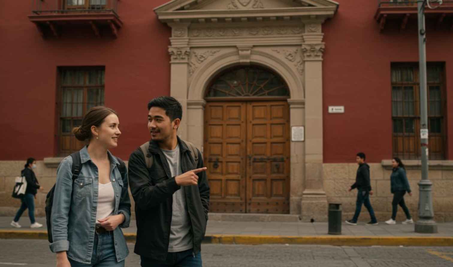 Two people walking in front of a red building on a city street  in Santiago