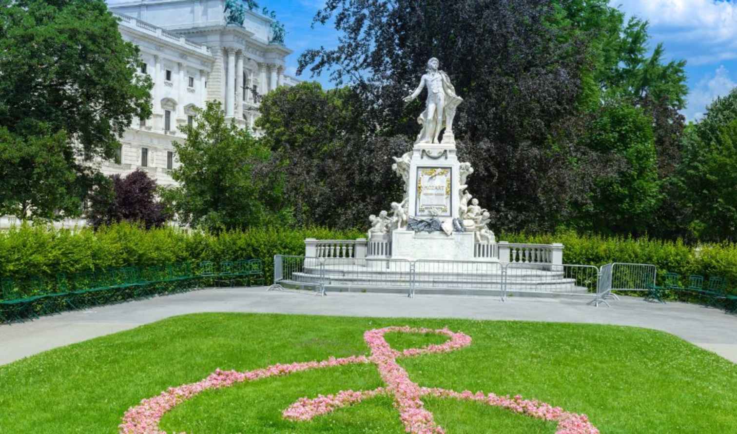 Gardens and a Mozart statue in the Burggarten, Vienna.