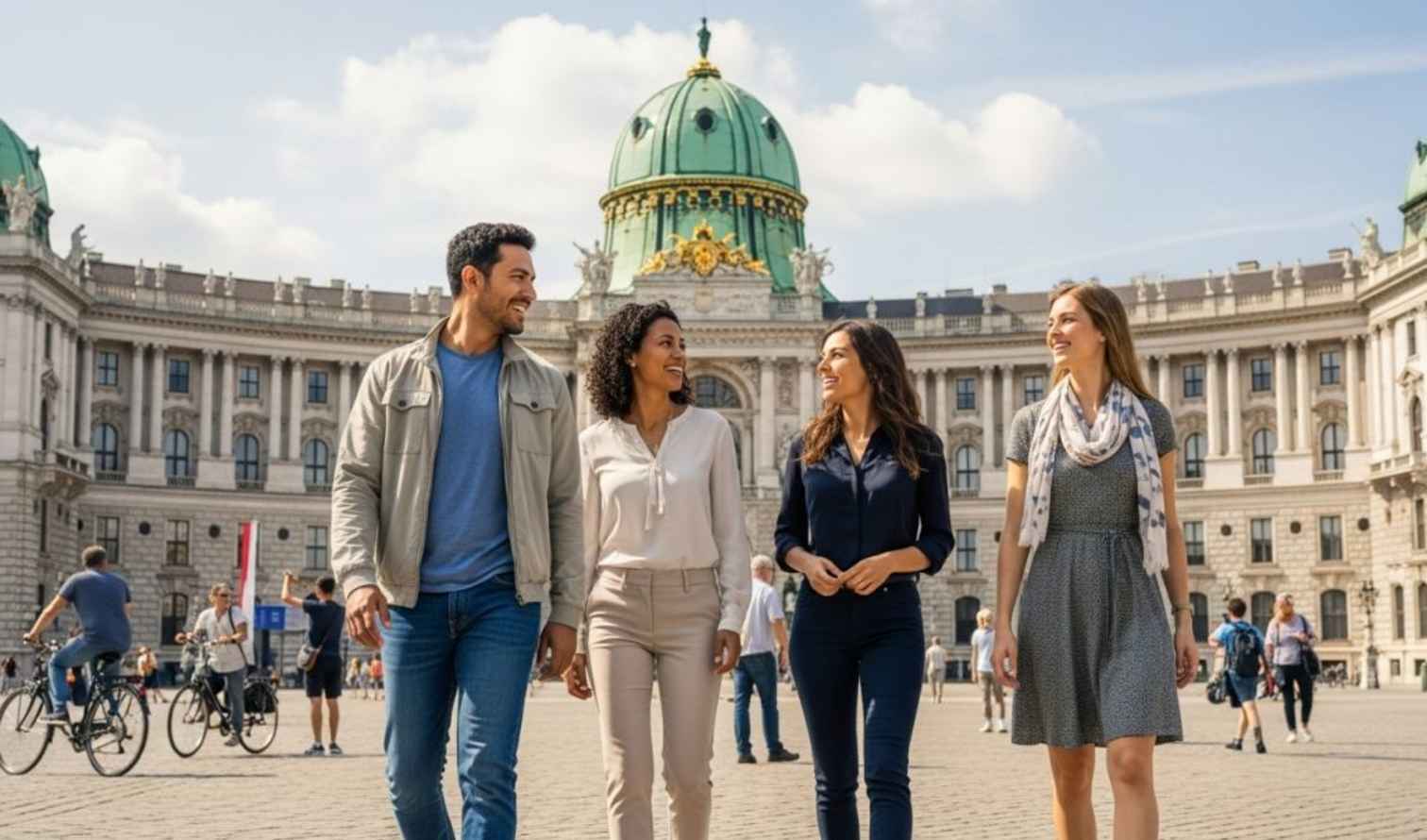 Four people walk in front of the Hofburg Palace in Vienna, Austria.