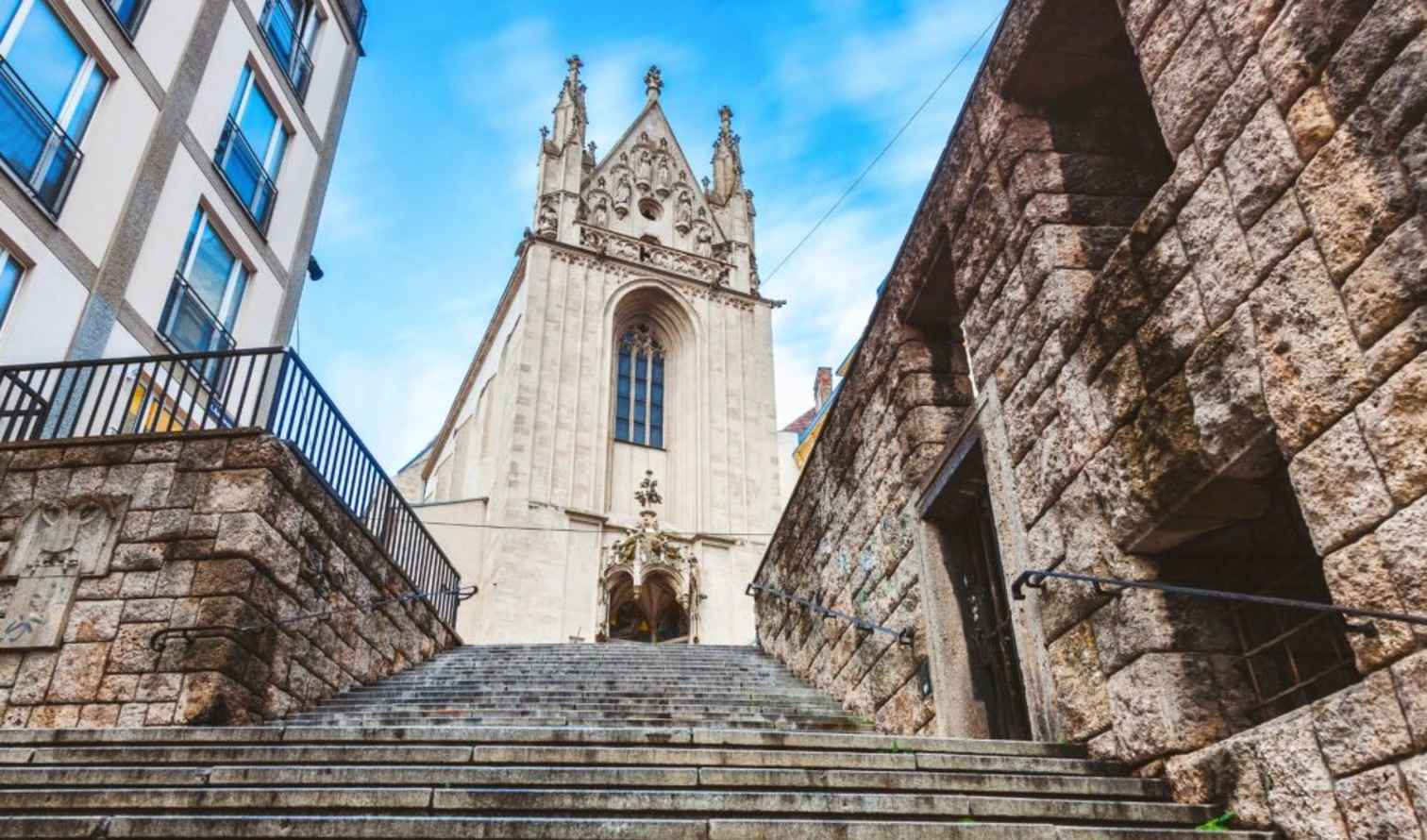 Staircase leading to the front view of Saint Anne Chapel in Vienna
