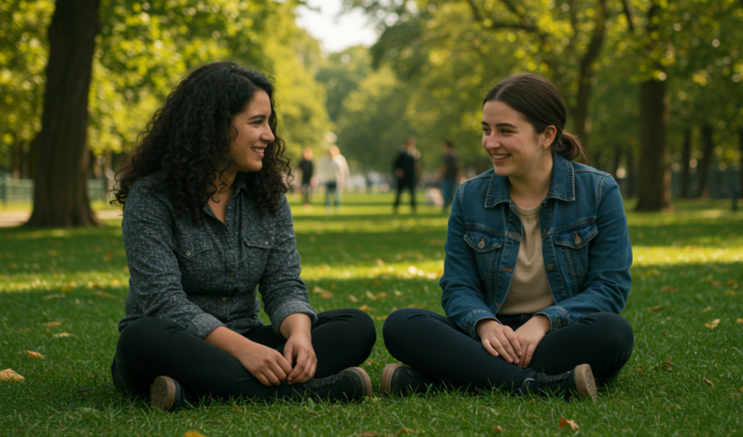 Two people sitting on grass in a park with trees in the background in Vienna