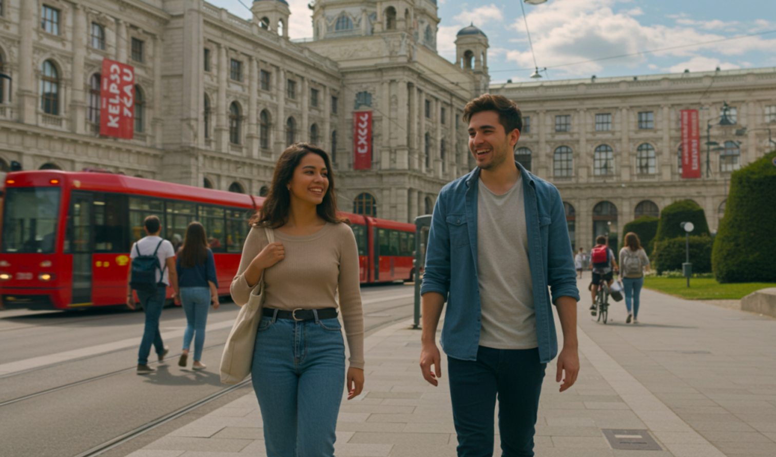 Two people walking near the Kunsthistorisches Museum in Vienna, with a red tram in the background.