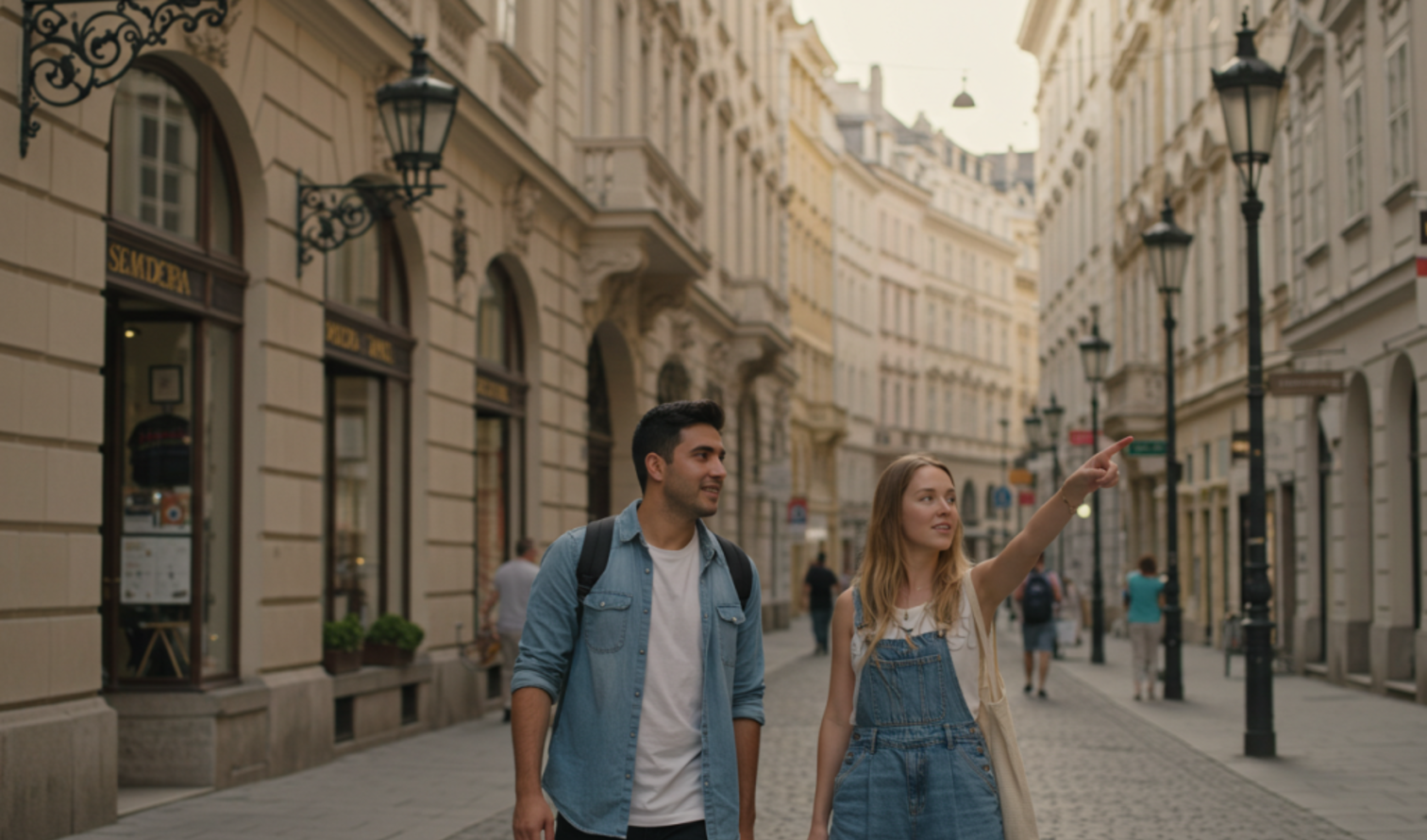 Two people walk down a street in Vienna, Austria.
