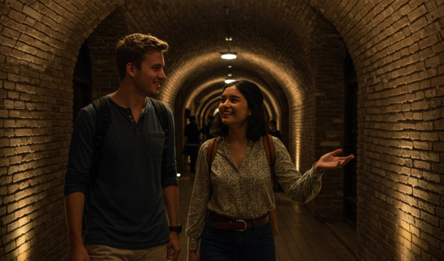 Two people walking in a brick-lined tunnel with overhead lights in Buenos Aires