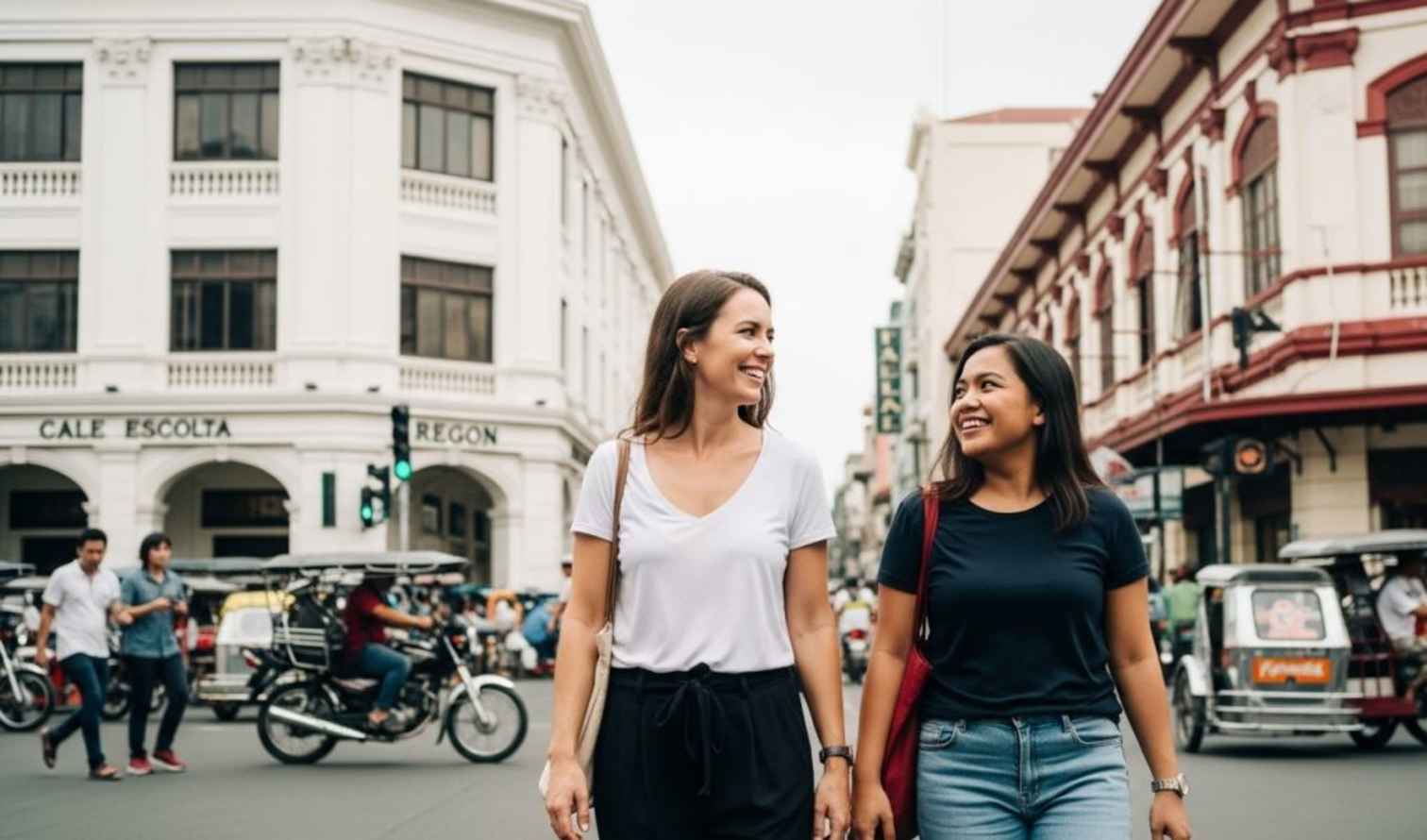 Two women walking on Calle Escolta in Manila, with people and tricycles around.