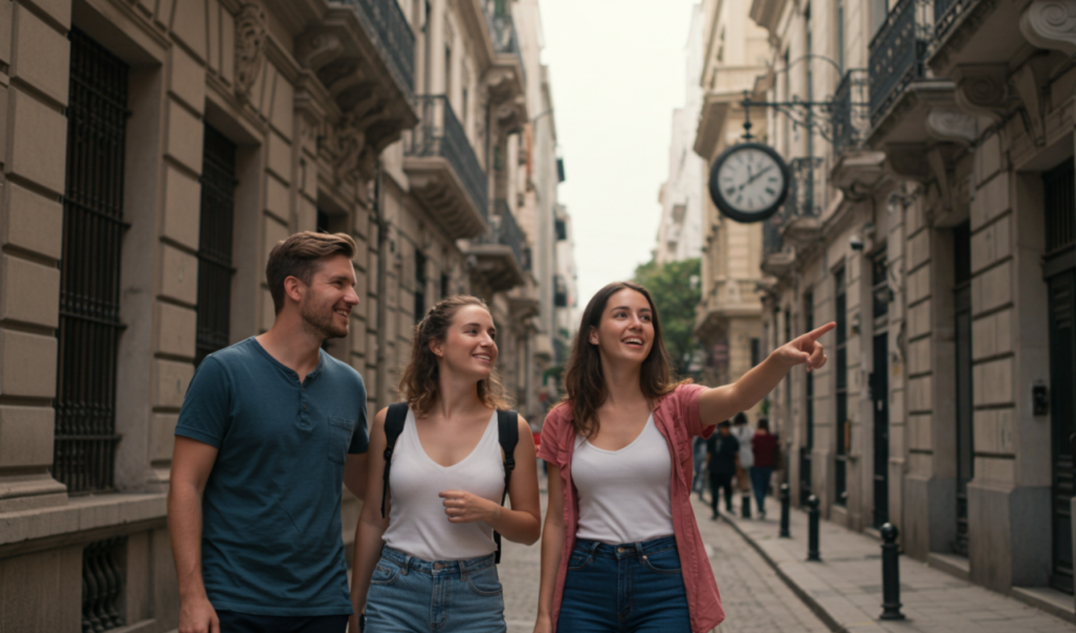 Three people walking down a narrow street with historic architecture in Buenos Aires