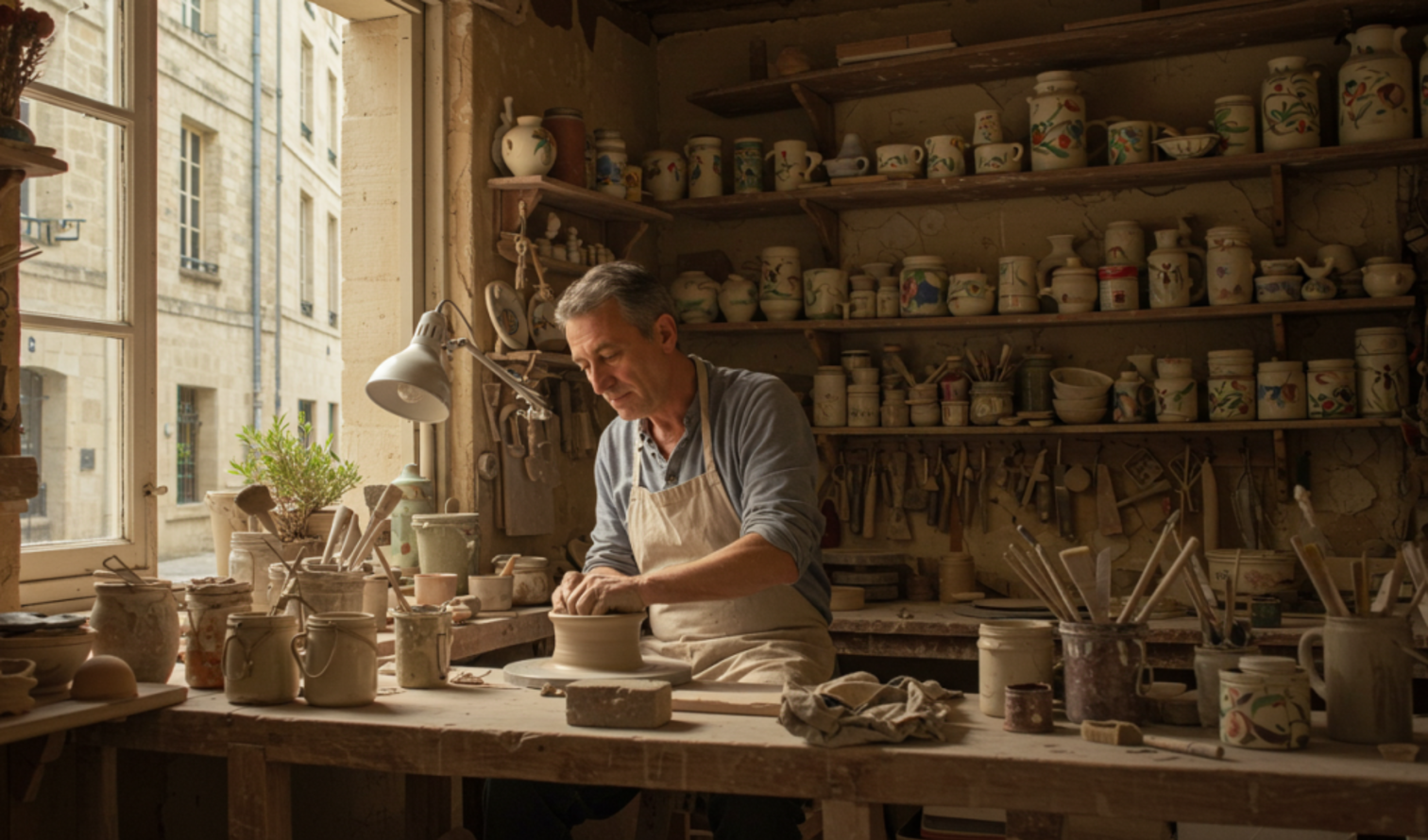 A potter works at a wheel inside a studio in Bordeaux, France.