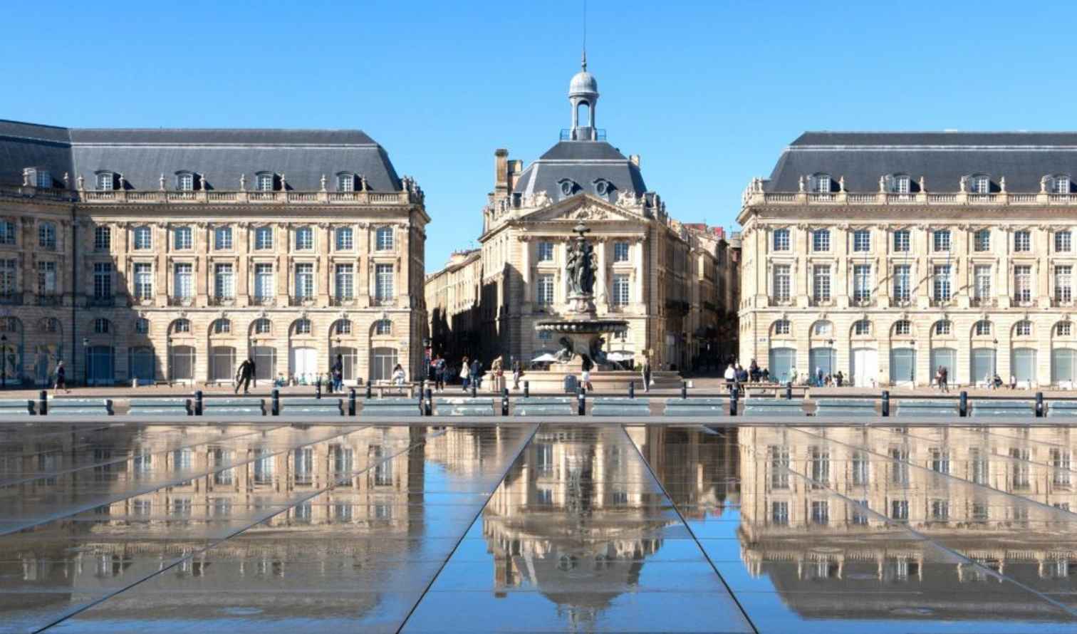 Place de la Bourse in Bordeaux with reflective water foreground.