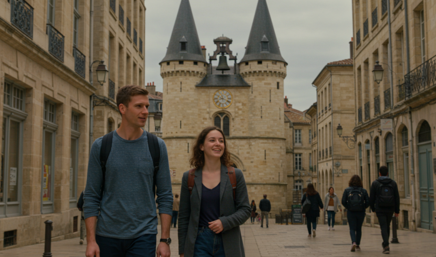 Two people walking near the Porte Cailhau in Bordeaux, France.